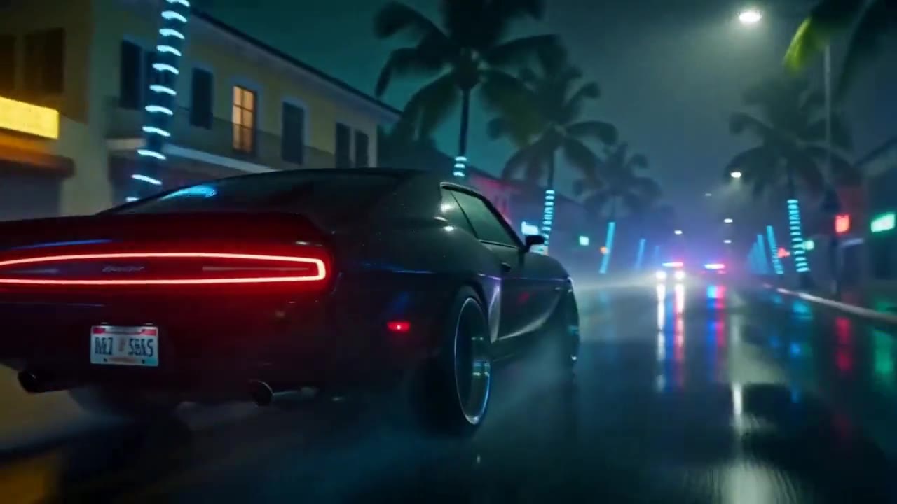 Un muscle car de noche por calles mojadas con neón